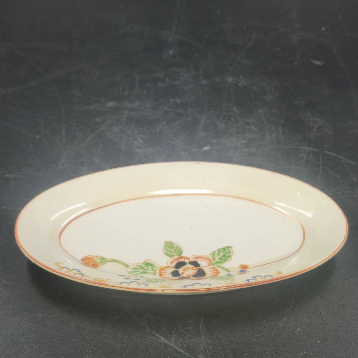 Porcelain Oval Serving Dish Plate 6" Hand Painted Floral Orange Trim Japan