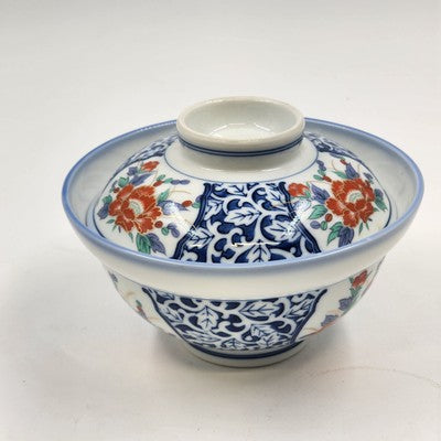 Japanese Pottery Porcelain Floral Design Udon Donburi Rice Bowl w Lid 3.25"x6"