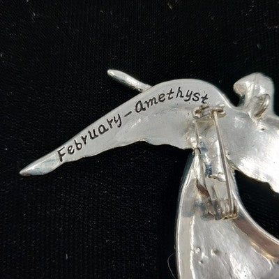 Pewter Angel Brooch Pendant February Birthstone Amethyst Crystal 3" Pin Vintage