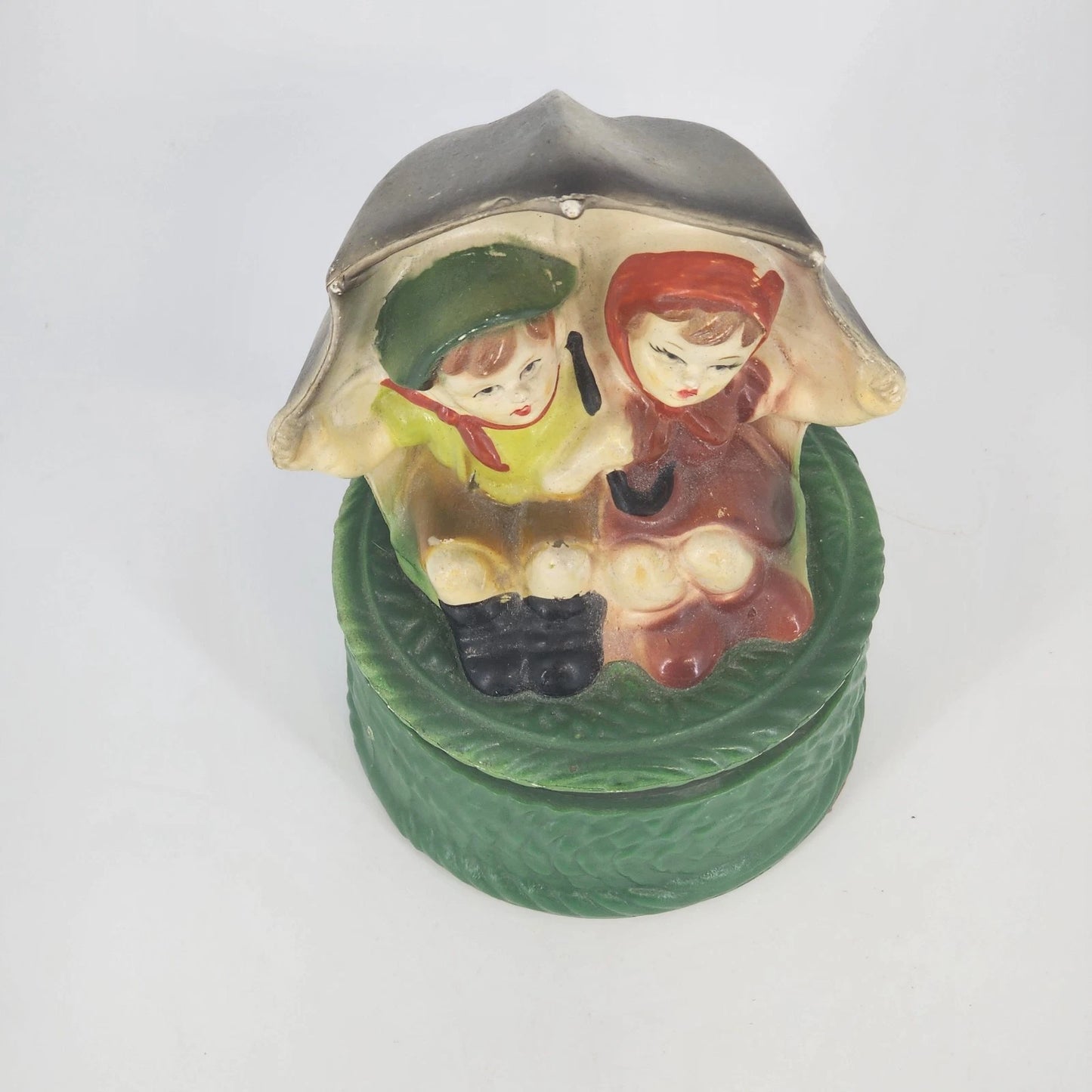 Boy Girl Umbrella Figurine Music Box Rotates Hummel-Style LARA'S THEME Vintage