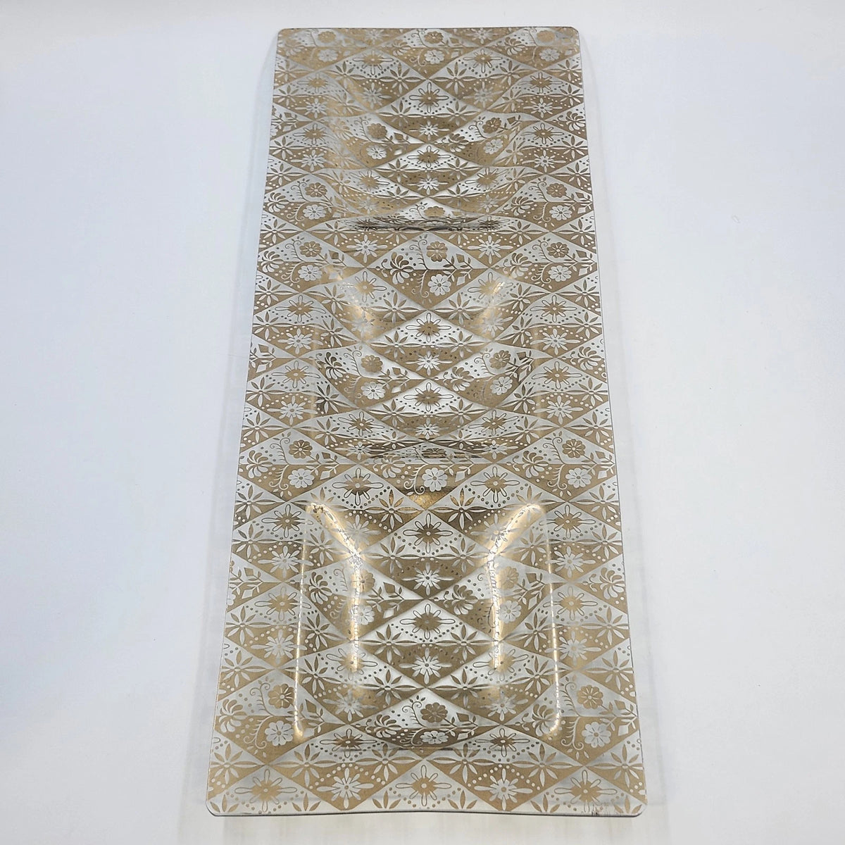 Gold White Floral Glass Serving Platter & 2 Side Dishes 3 Piece Set 22" Vintage