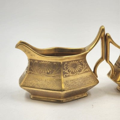 Antique T&V Limoges France Sugar Bowl & Creamer Set – Hand-Painted Porcelain with Gold Floral Design, Signed French Tableware