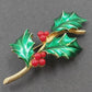 MYLU Christmas Holly Leaf Brooch Green Enamel Red Berry Gold Tone Vintage