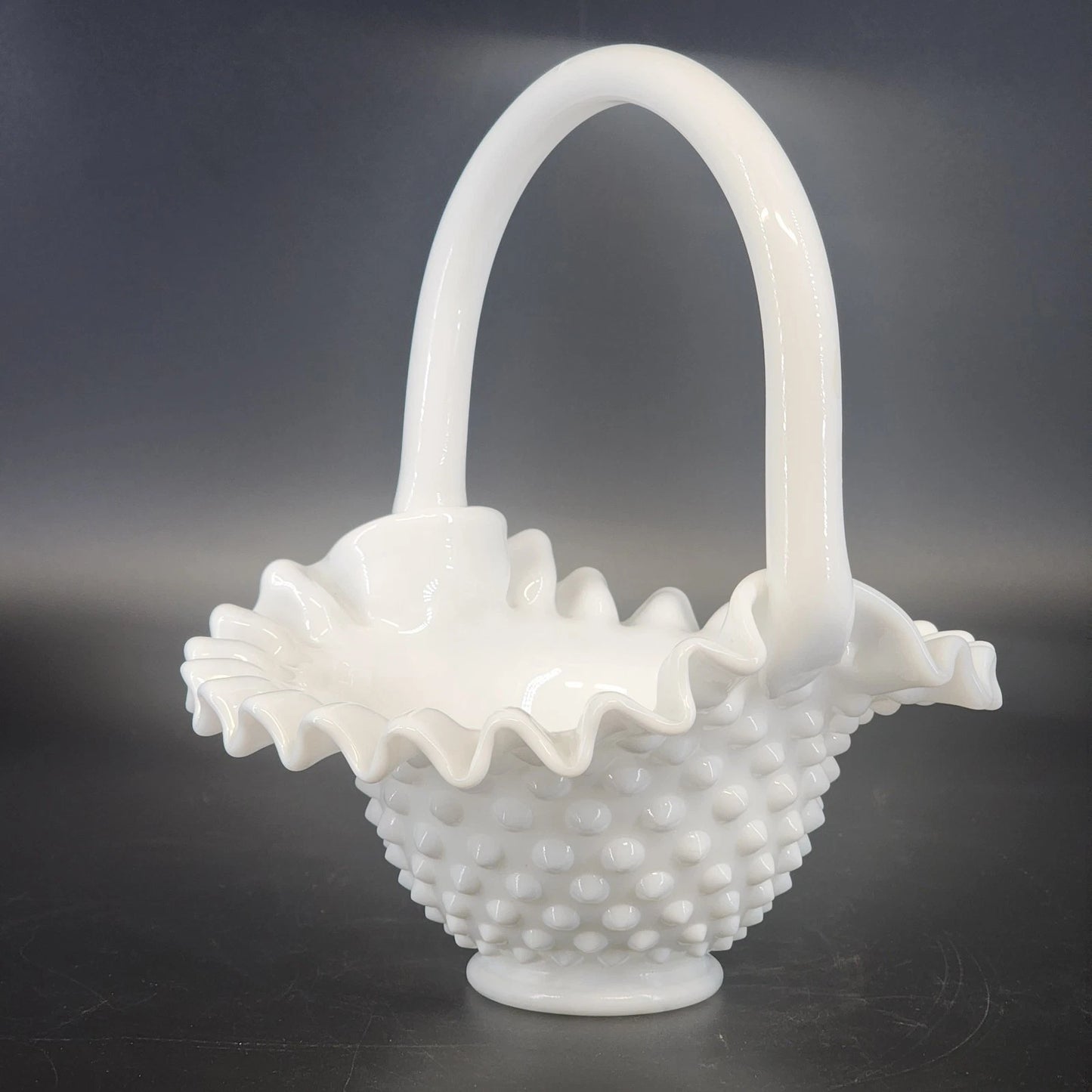 Fenton Hobnail Milk Glass Basket Ruffled Rim Handle White 7" Vintage Art Glass