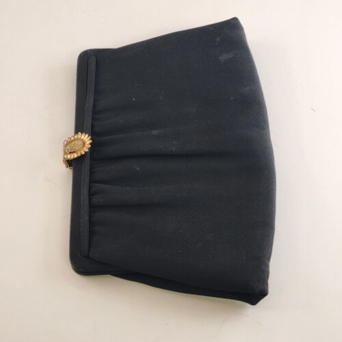 After Five Brand Black Evening Clutch Purse w Gold Rhinestone Clasp Chain Handle