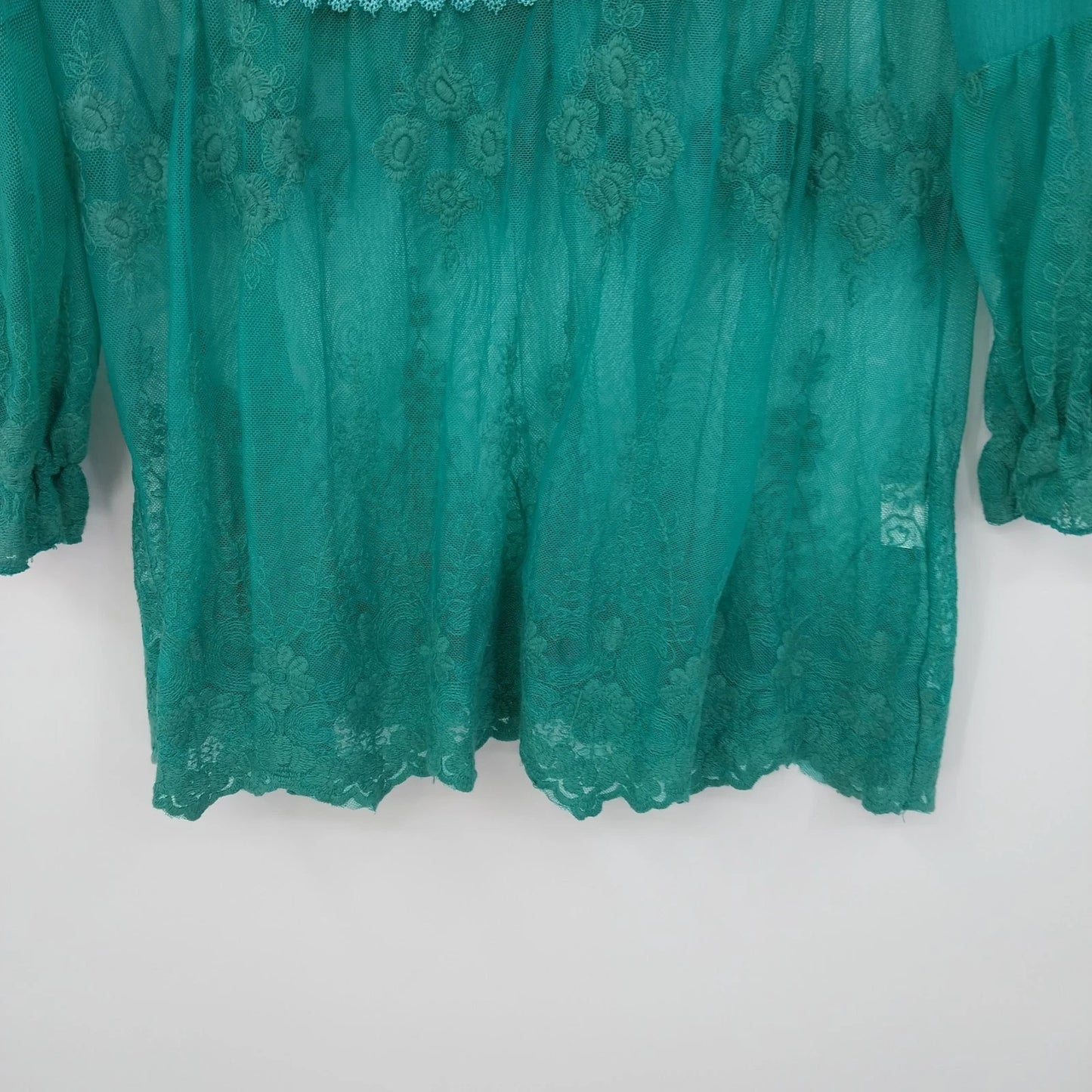 Zacin Women's Green Lace Mesh Tunic Blouse Long Sleeve Lined Top Size Large
