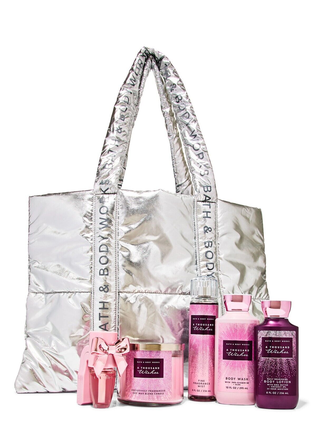 A Thousand Wishes Gift Set Bath Body Works Silver Tote Lotion Wash Candle NEW