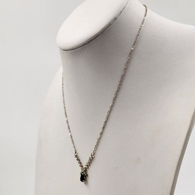 Silver Tone Chain with Rhinestones & Black Onyx Teardrop Stone 9" Long Necklace