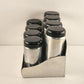 Spun Aluminum Salt Pepper 8 Named Spices and Rack Black Bakelite Lids W Germany