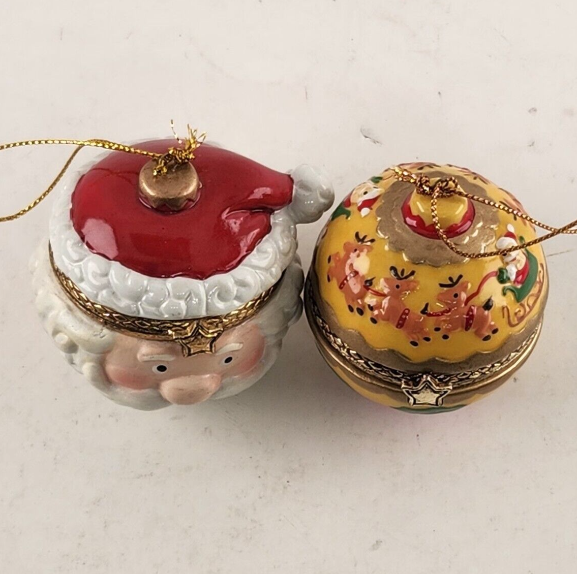 2 Hinged Trinket Box Ornaments Porcelain Santa Head & Reindeer Sleigh Christmas