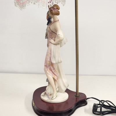 Lady Holding Peacock Table Lamp With Domed Glass Beaded Shade Art Deco Style 24"