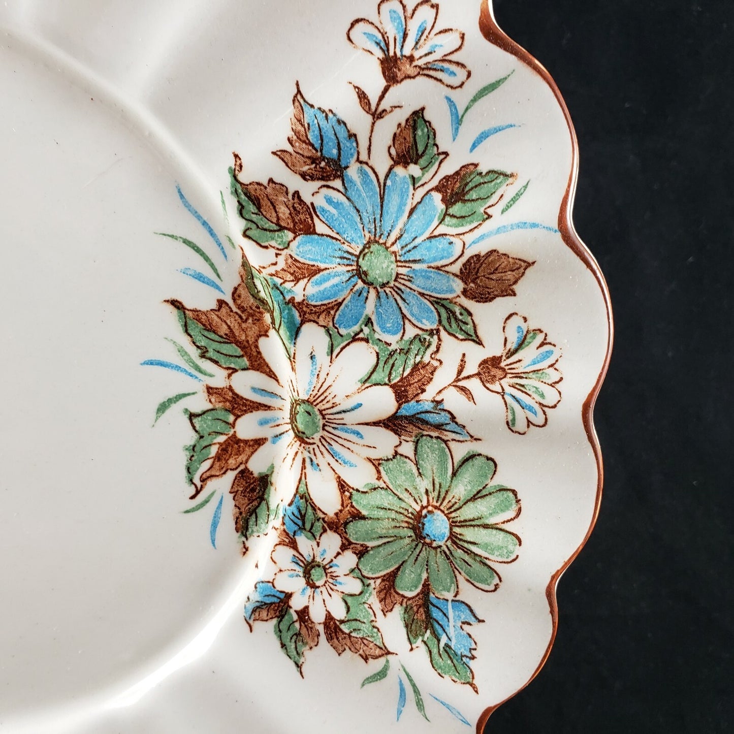 White Cheese Plate Blue Brown Flowers Scalloped Gilded Edge 10.5" Serving Liner