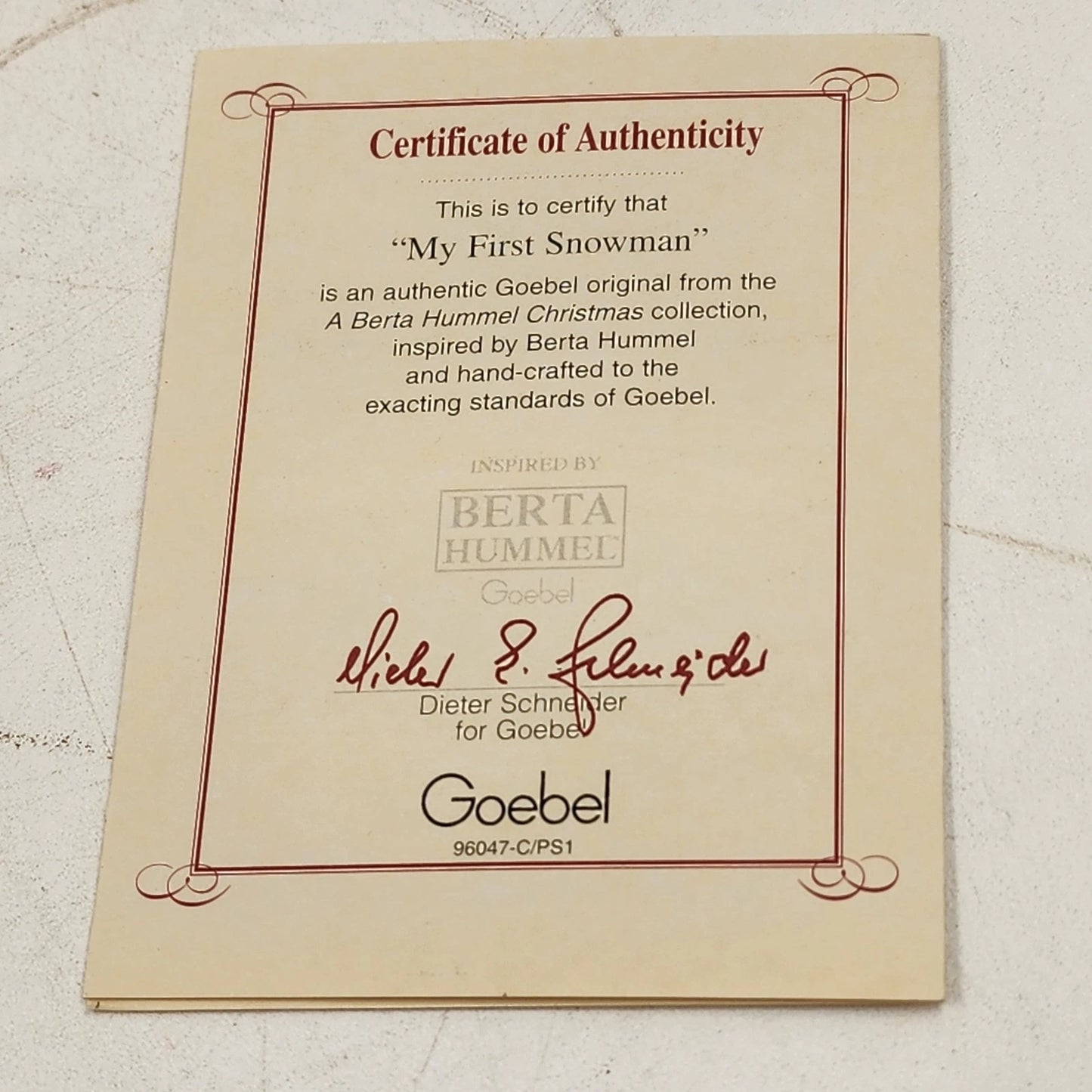 Berta Hummel MY FIRST SNOWMAN Christmas Ornament 2000 Goebel Porcelain 2.75"