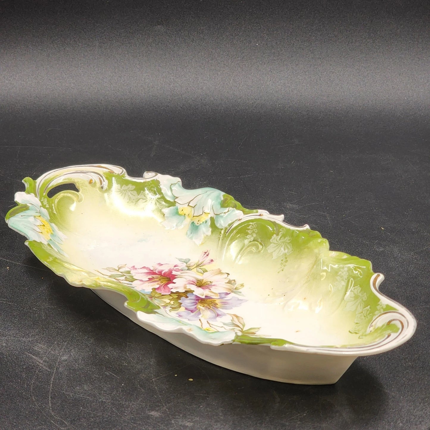 Saxe Altenburg German Green Porcelain Celery Dish 13" Floral Gold Gilt Antique