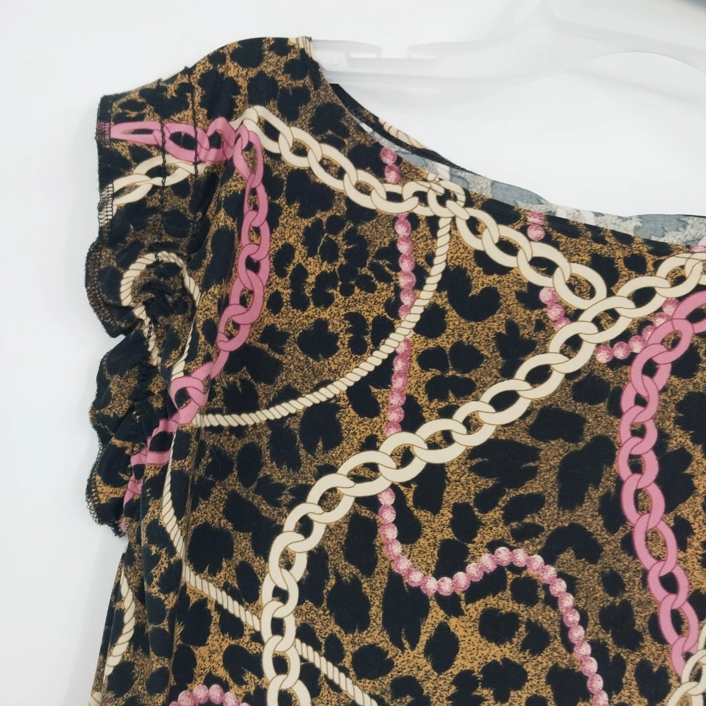 JTB Leopard Chain Print Top Women's Petite Large Ruffle Cap Sleeve Stretch Tee