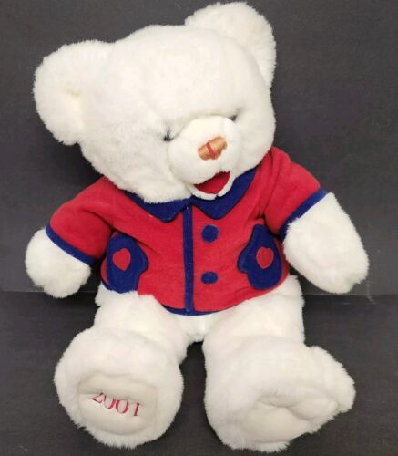 White Plush Teddy Bear 2001 Stuffed Animal Toy 24" Red Sweater JC Penney Vintage