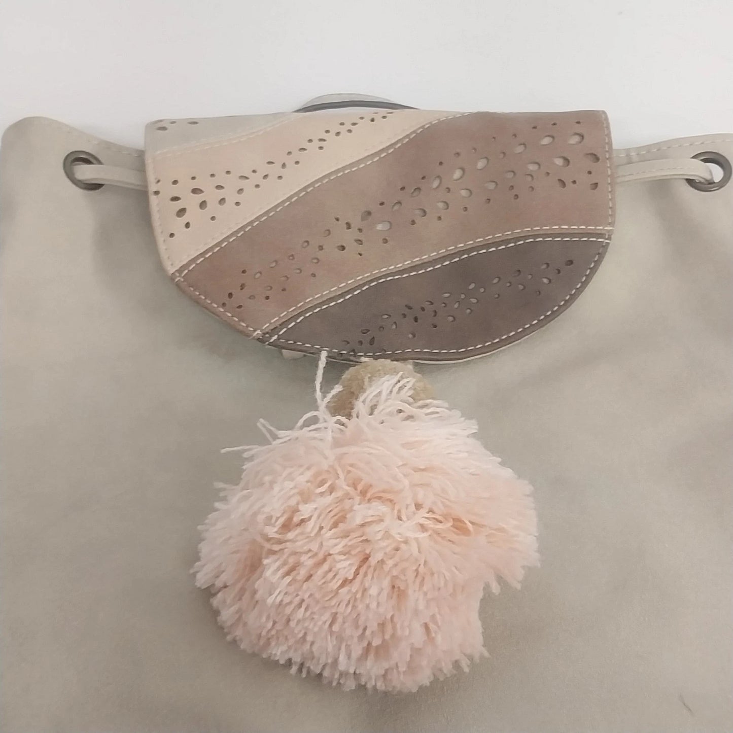 Beige Backpack Purse Faux Leather Bucket Bag Tassel Drawstring Flap Women's