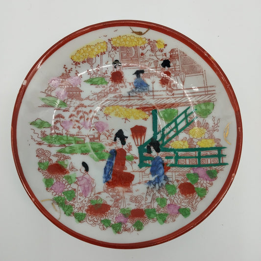 Japanese Kutani Eggshell Porcelain Plate Hand Painted Geisha Floral Garden 6.5"
