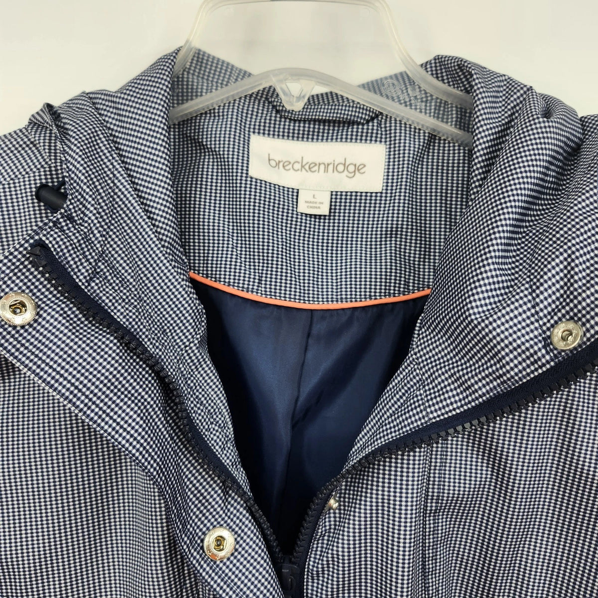 Breckenridge Women's Large Raincoat Blue White Check Hooded Full Zip Snap Jacket