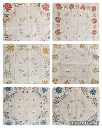 6 Women Ladies Hankies Handkerchiefs Vintage Flowers Floral Roses Pink Blue