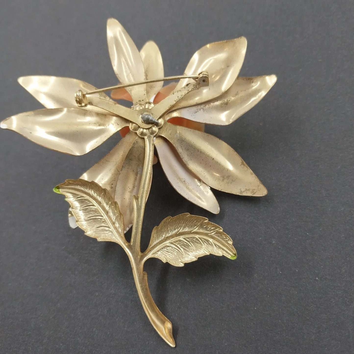 Orange Fabric Rose Brooch Gold Tone Stem Green Enamel Leaves Vintage