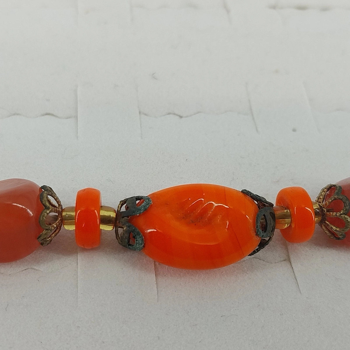 Orange Glass Bead Millefiori Crystal Accent Bracelet 8" Handmade Unbranded
