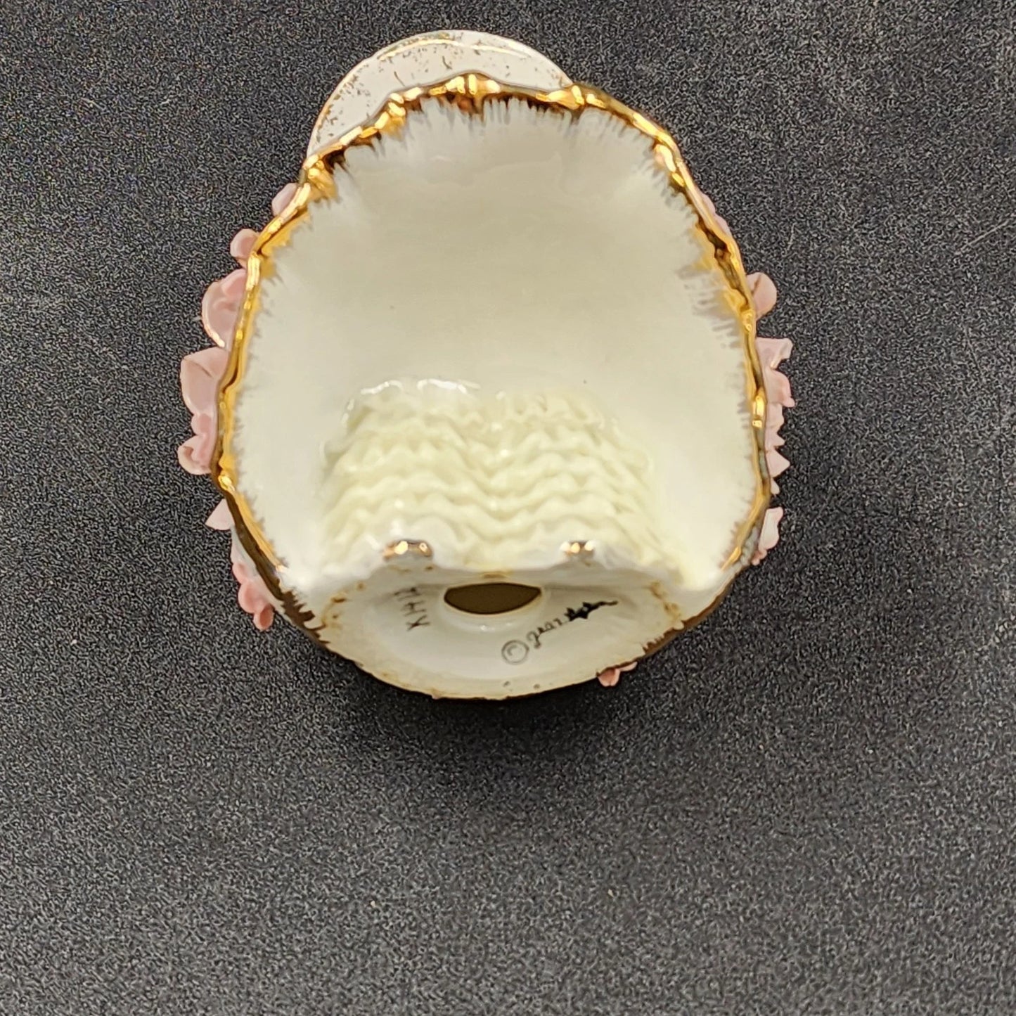 Lefton Bloomer Girl Figurine 4" Curtsy Dress Roses Gold Trim Signed Geo Z K1412