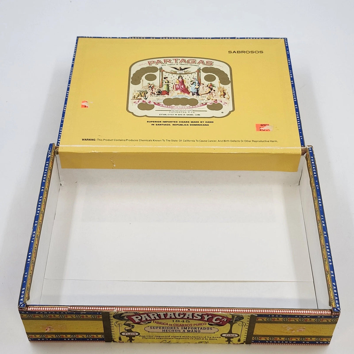 Partagas Flor de Tabacos 1845 Sabrosos 20 Empty Wooden Cigar Box Vintage