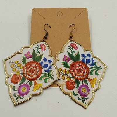 Gold Tone Enamel Tin Diamond Shaped Floral Boho Dangle Drop Earrings 2"