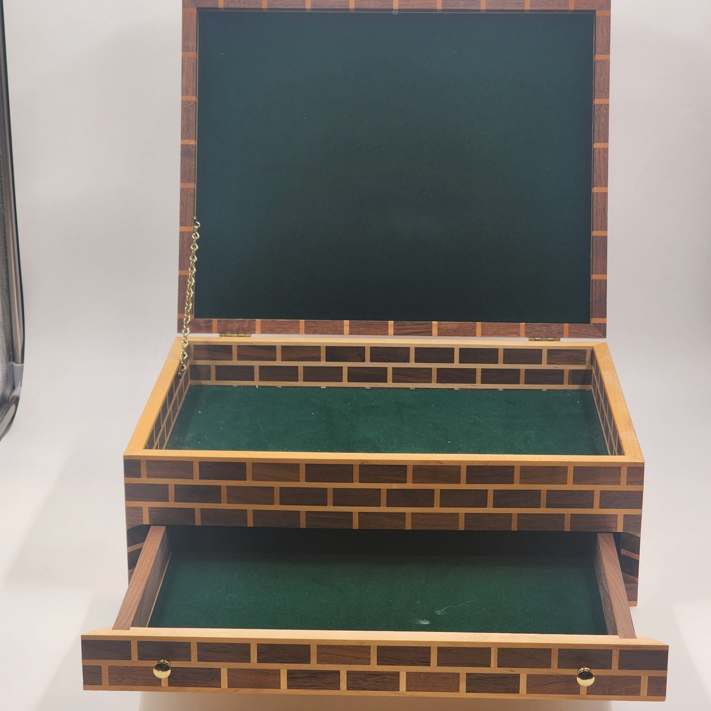 Thuya Moroccan Wood Large Jewelry Box – Handmade 17” Brick Design with Starburst Inlay Lid – Green Felt Lined – Artisan Keepsake Storage Chest