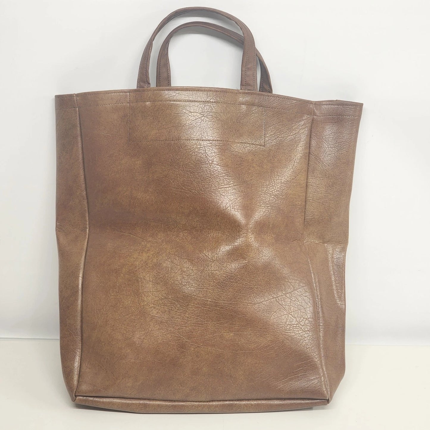Brown Faux Leather Women's Tote Bag Large Shopper Korean Style Minimalist 16"h