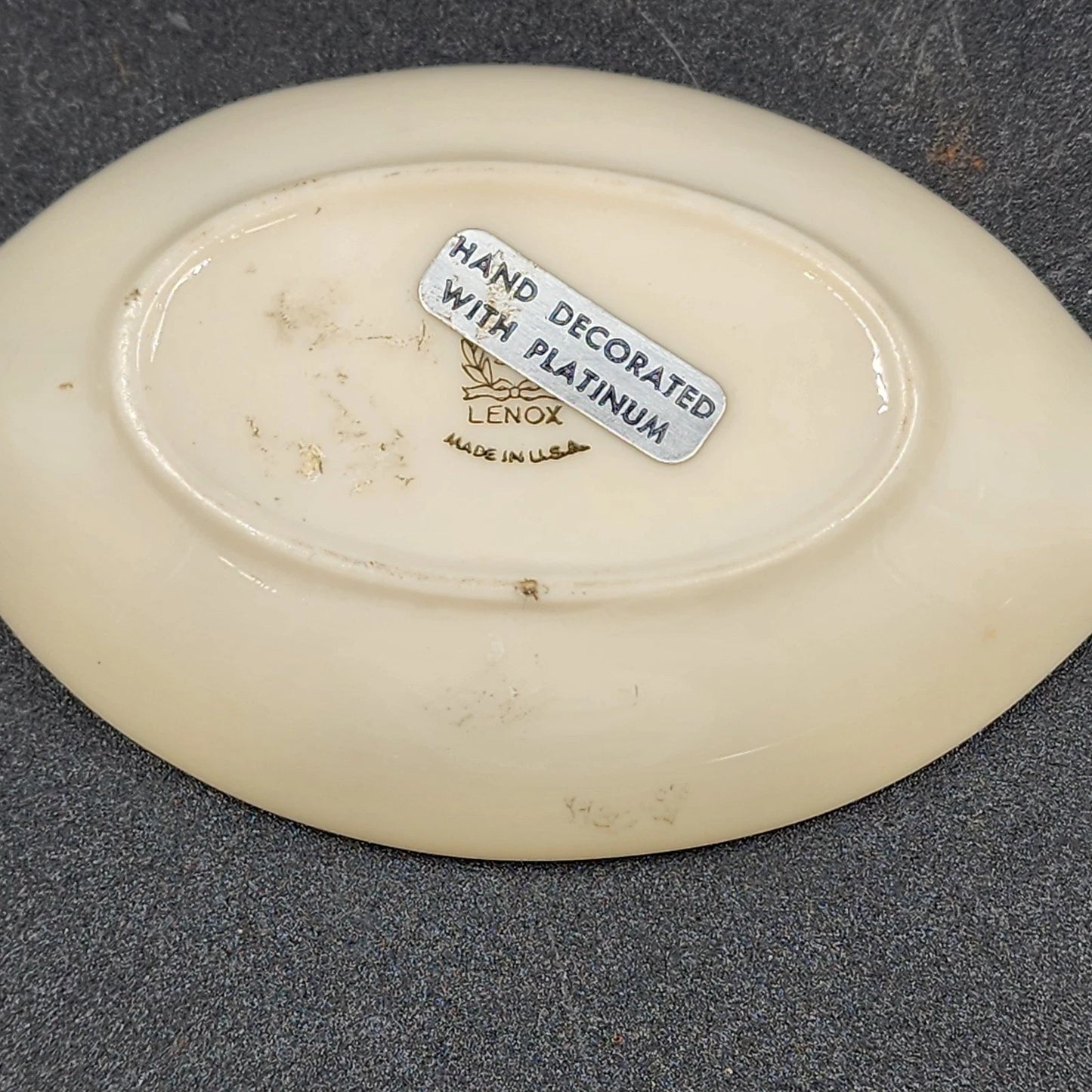 Lenox Olympia Vanity Trinket Dish Cream Oval Platinum Hand Trimmed 4" USA Vtg