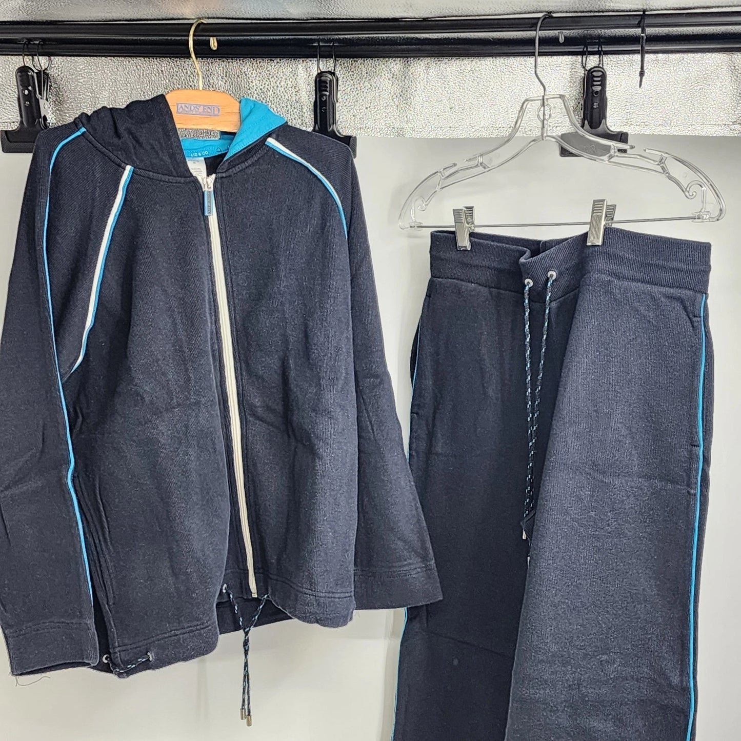 Liz & Co Petite Medium Tracksuit Jacket & Pants Black Cotton Blue White Piping