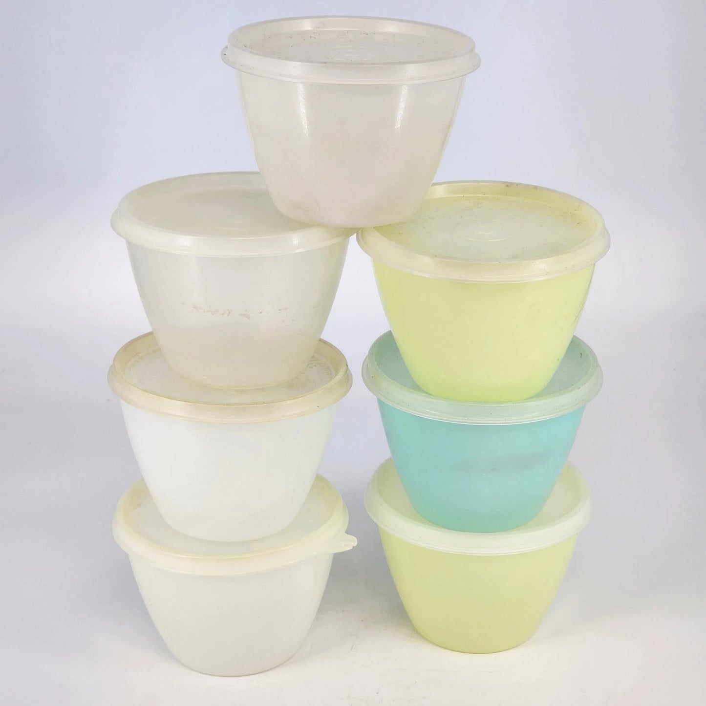 7 Tupperware 148 Round Refrigerator Containers w Lids Clear Pastel 3" Vintage