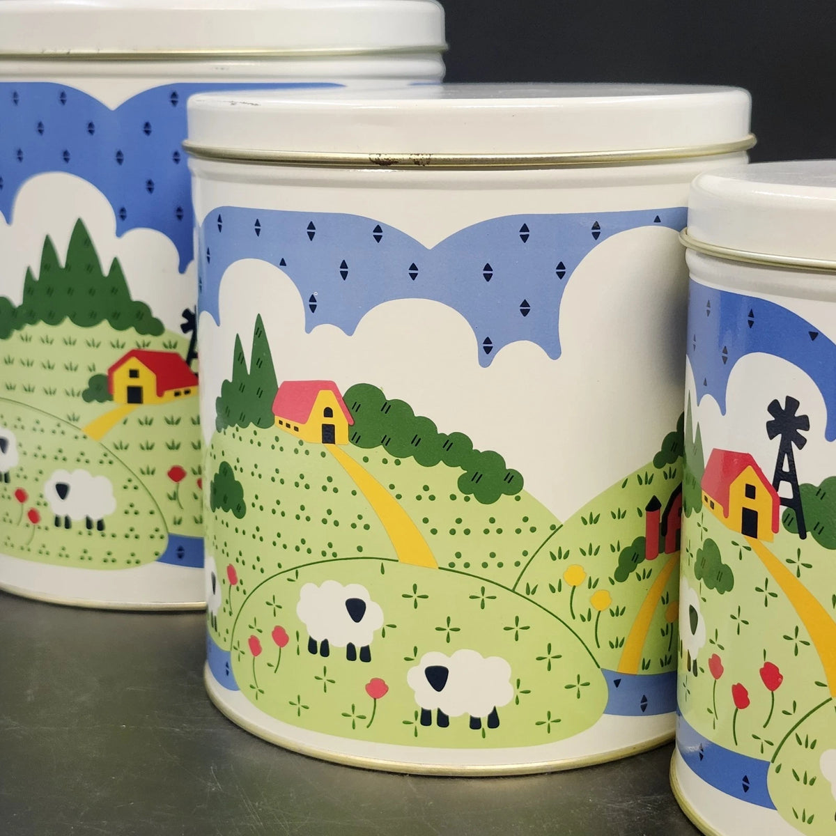 Nina Farm Scene Sheep Tin Canister Set 3 Metal Kitchen Storage Nesting 1982