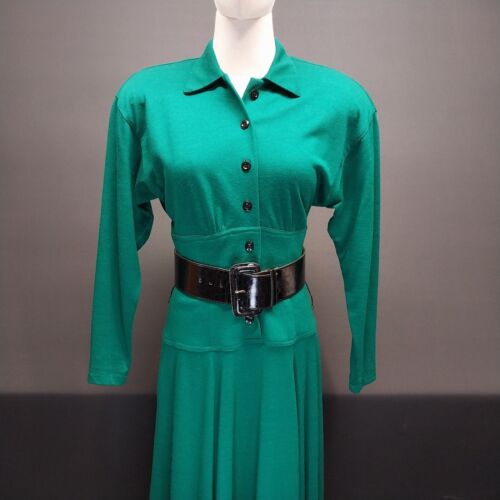 Anthony Norman Wool Green Swing Dress Long Sleeve Button to Waist SZ 6 Belted