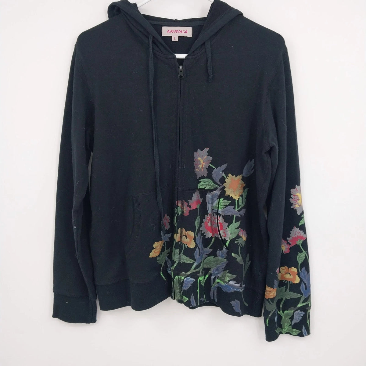 Mirika Women's Floral Embroidered Black Full Zip Hoodie Jacket Size Large