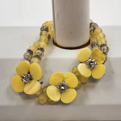 Yellow Faux Pearl & Flower Disc w Rhinestone Motif Double Strand Bracelet 3.75"