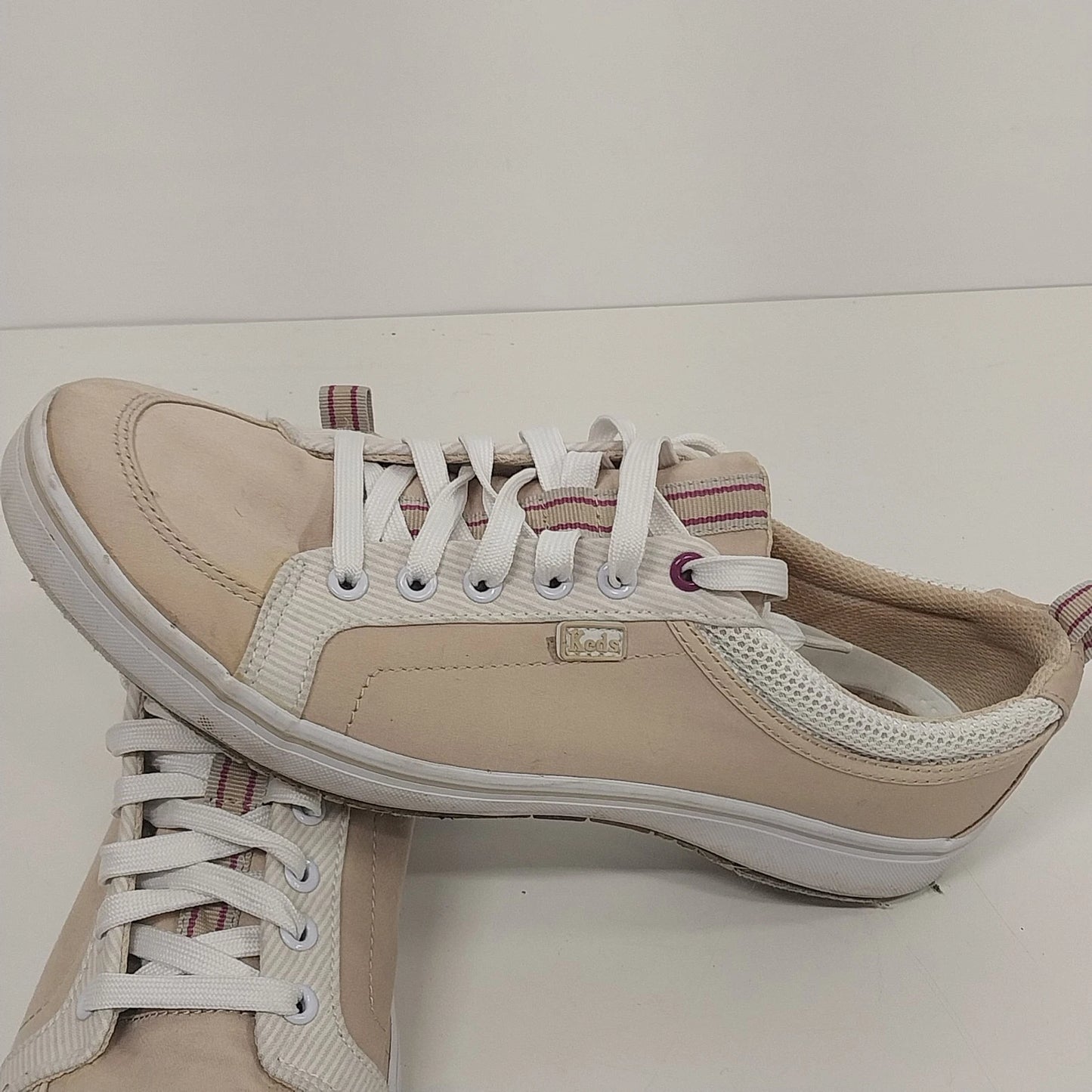 Keds Canvas Sneakers Women Size 8.5 Tan Plum Lace Up Ticking Stripe Casual Shoes