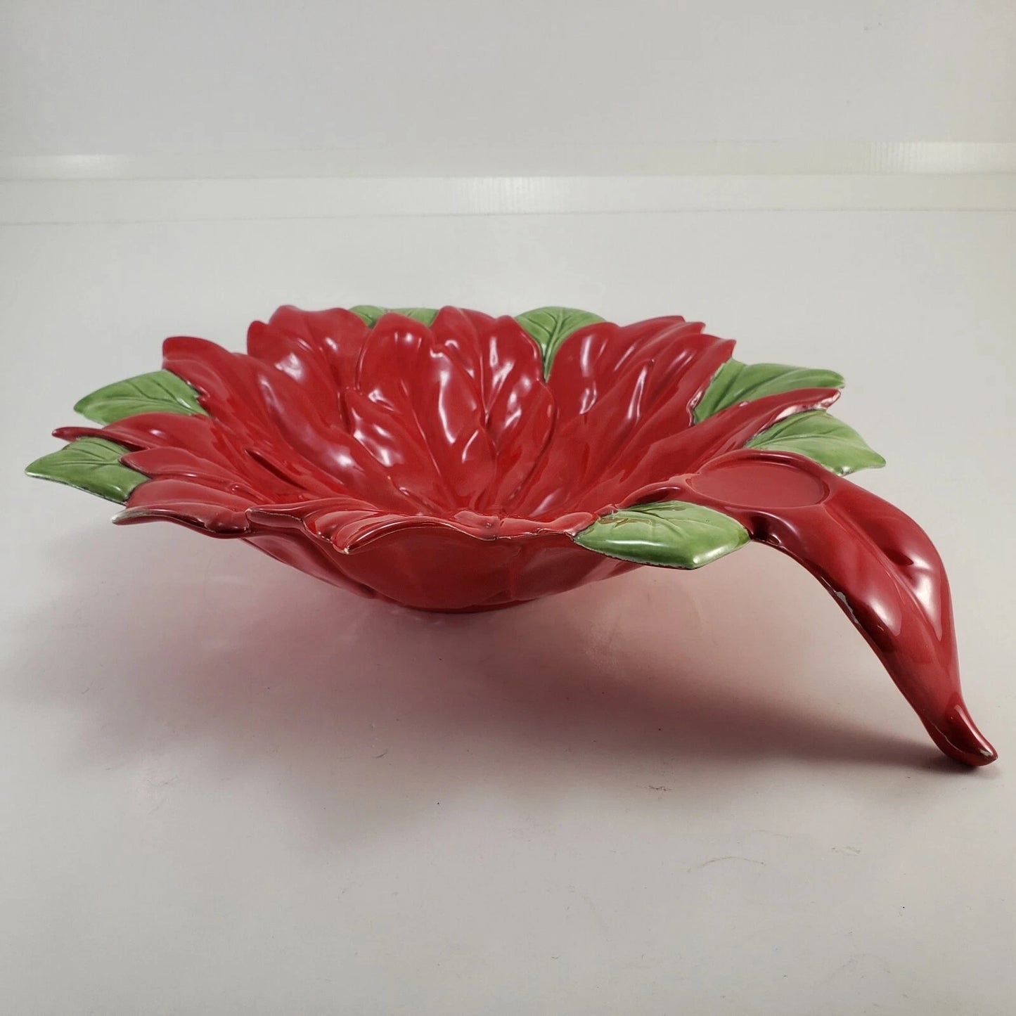 Poinsettia Flower Serving Bowl Dish 13" Vintage 70s Christmas Red Green Ceramic