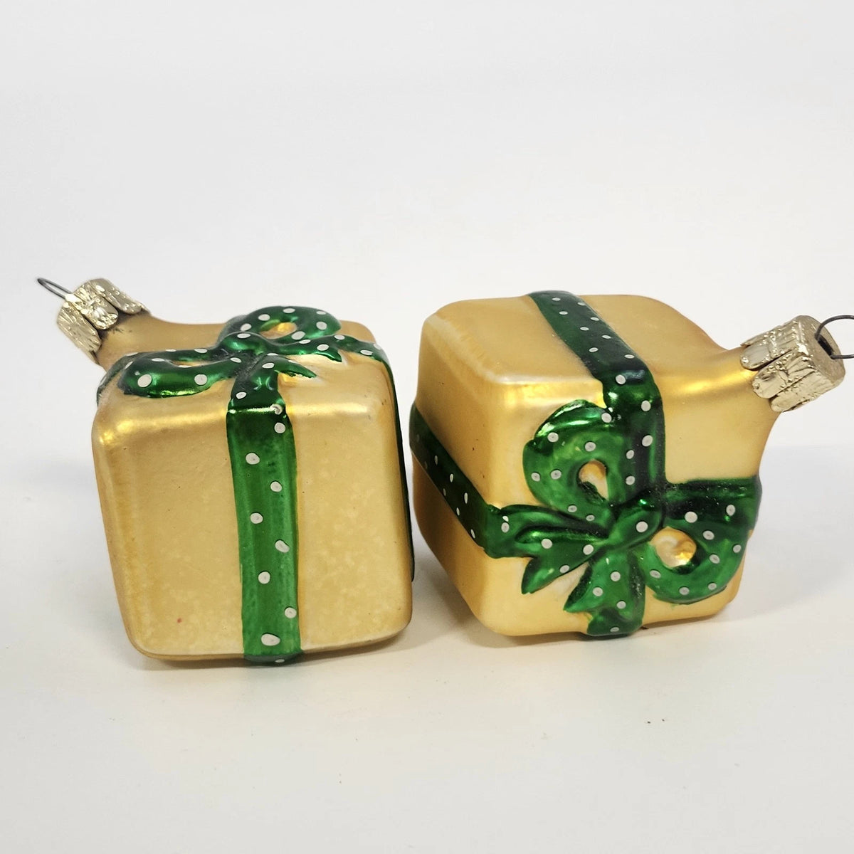 Czech Republic Glass Gift Box Christmas Hanging Ornaments Gold Green Pair 1.5"
