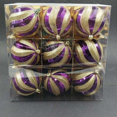 9 pc Purple Gold Swirl Balls Shatterproof Christmas Ornaments Gold Glitter 3.75"