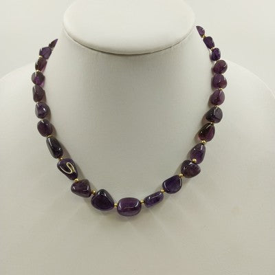 Statement Necklace with Gold Tone Beads and Glossy Natural Amethyst 18" Jewelry