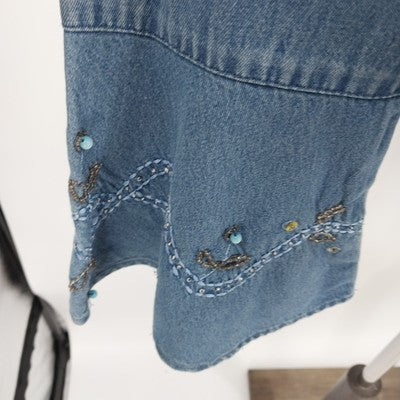Tantrums Boho Embroidered Denim Shirt Bell Sleeves Pullover L 100% Cotton India