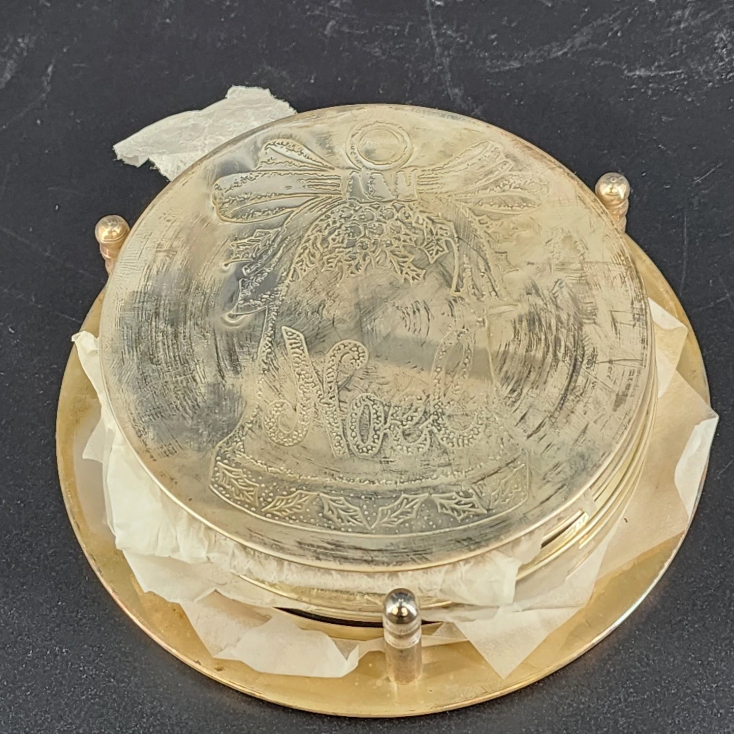 Christmas Noel Silverplated Coasters Set of 6 w Holder Angel Holiday & Box Vtg