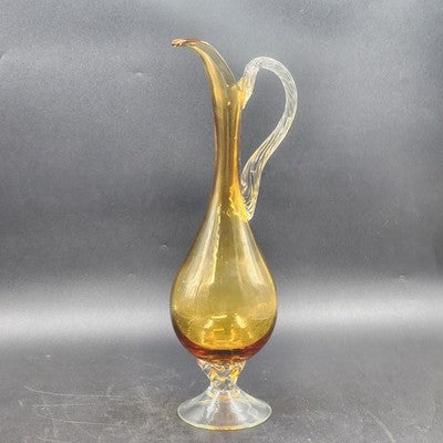Italian Amber Glass Decanter & 6 Cordials Twisted Stems Clear Handle Vtg Elegant
