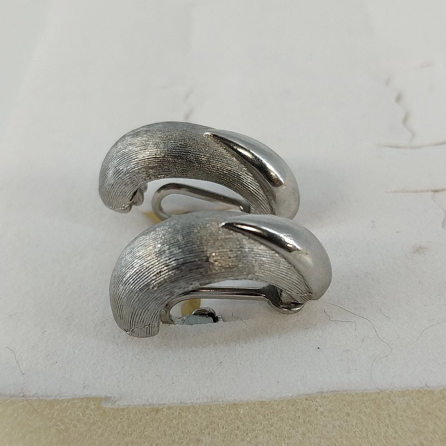 Silver Tone Half Hoop Clip On Earrings Textured Brushed Teardrop Vintage