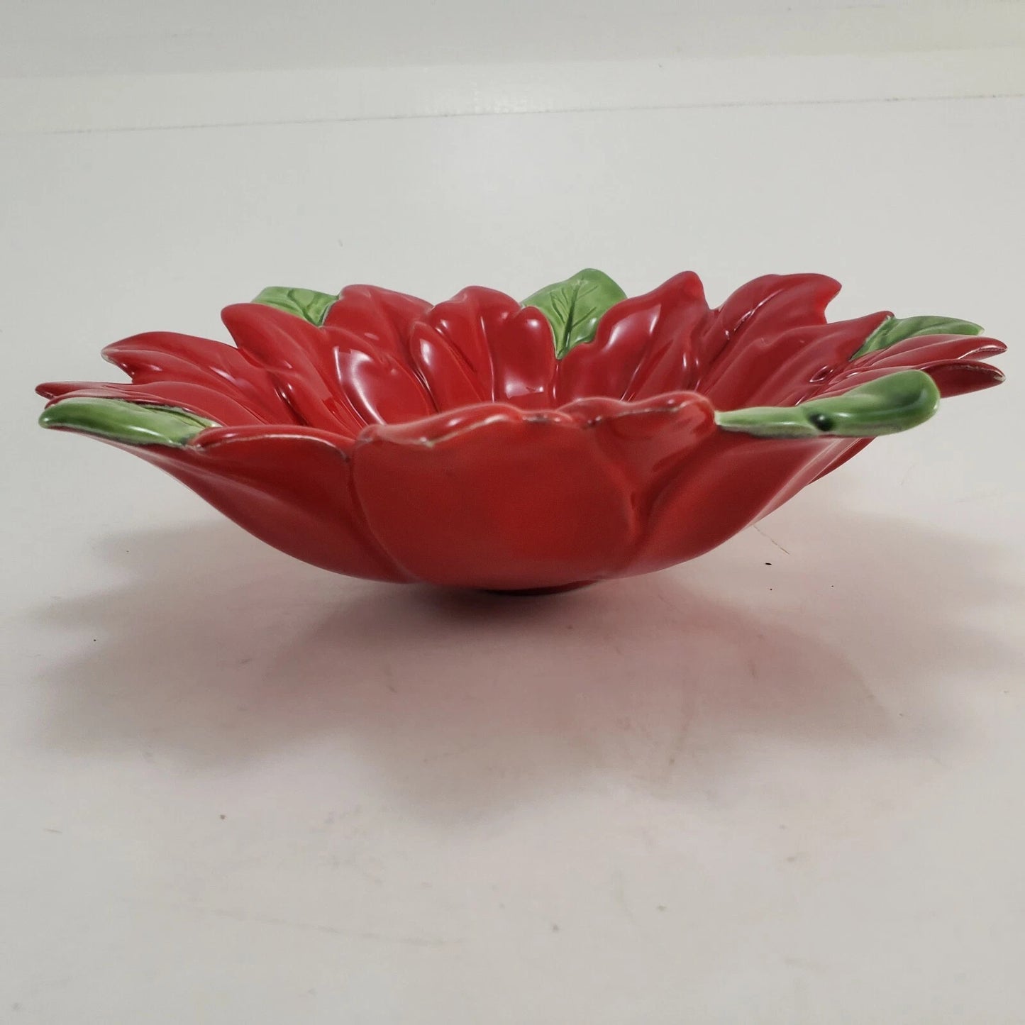 Poinsettia Candy Dish Atlantic Mold Red Green 8" Christmas 1960s Signed Vintage