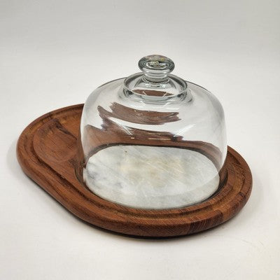 Teakwood Cheese Board Tray Marble Slab & Glass Dome Dolphin