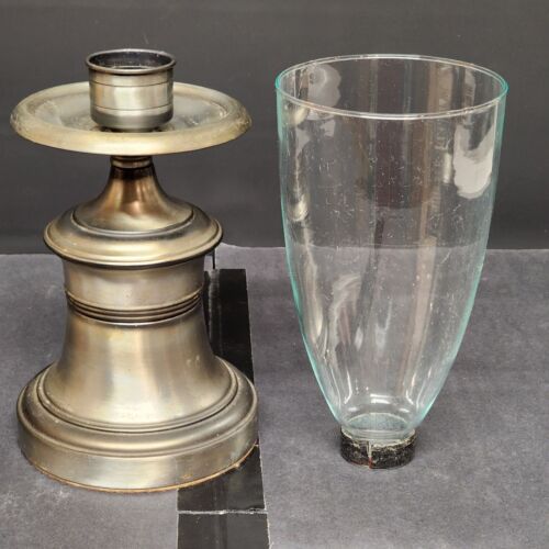 Pewter Bell Shaped Metal Candlestick Holder Clear Glass Hurricane Chimneys 17"